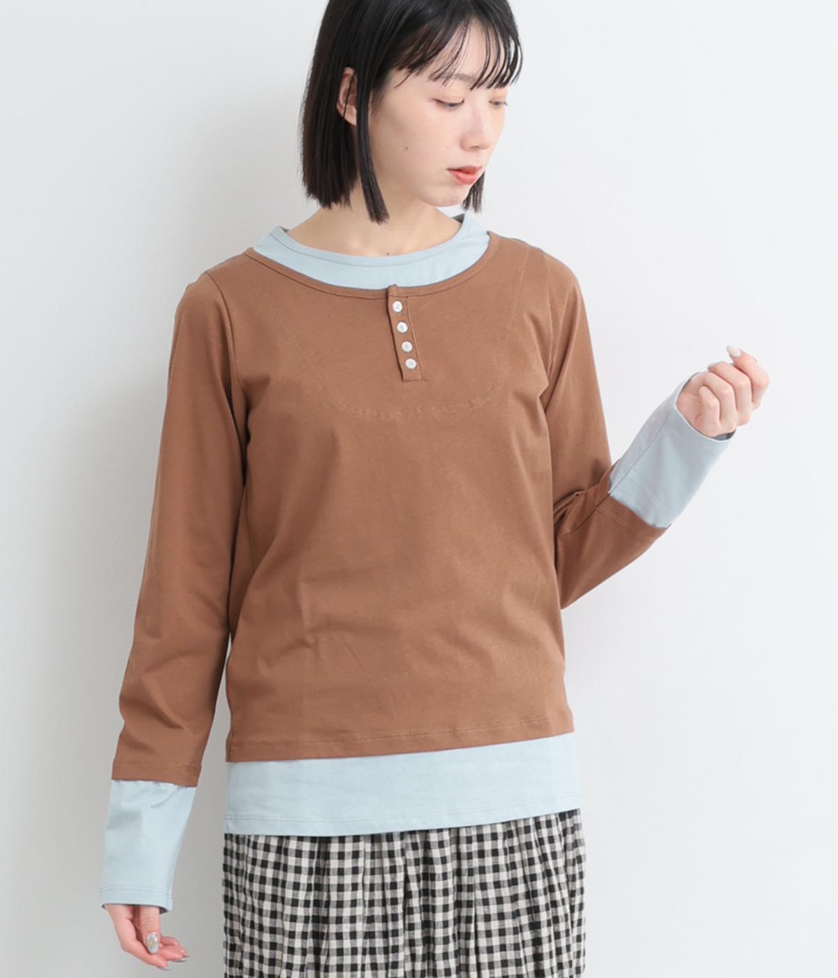 レイヤード風ヘンリーネックトップス(ブラウン-F)