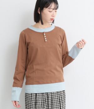 レイヤード風ヘンリーネックトップス(ブラウン-F)