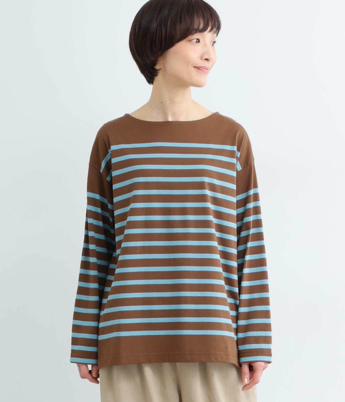 コットンカラーボーダーバスクシャツ(ブラウン-F)