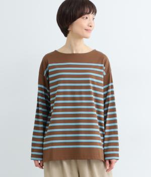 コットンカラーボーダーバスクシャツ(ブラウン-F)