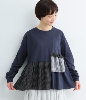 コットン異素材MIXデザインヘムプルオーバー(ネイビー-F)