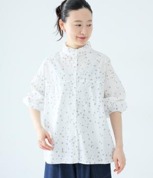 コットンブロードランダムフラワープリントフリル襟ブラウス(オフホワイト-F)