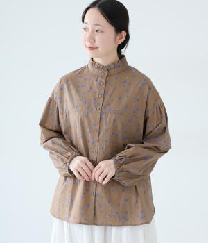 コットンブロードランダムフラワープリントフリル襟ブラウス(モカ-F)