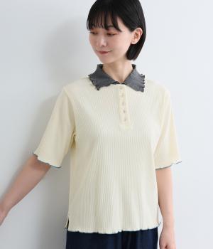 テレコ並びボタン配色襟半袖トップス(アイボリー-F)