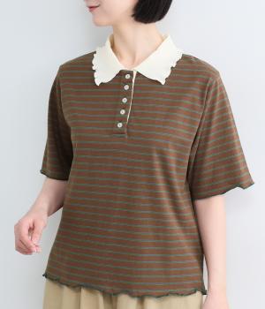 テレコ並びボタン配色襟半袖トップス(ブラウンボーダー-F)