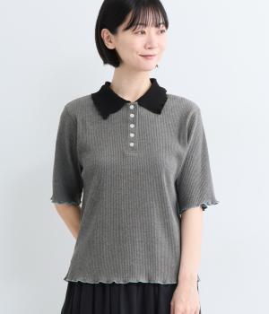テレコ並びボタン配色襟半袖トップス(ダークグレー-F)