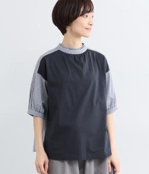 コットン2wayスタンドフリル布帛使い半袖トップス(ネイビー-F)