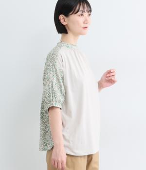 コットン2wayスタンドフリル布帛使い半袖トップス(ライトグレー-F)