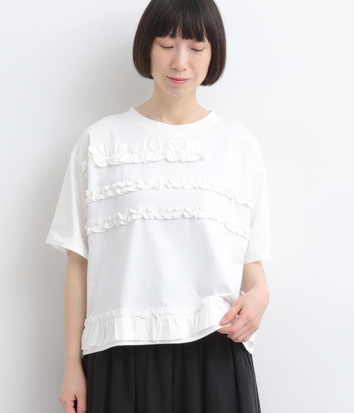 コットン天竺ランダムフリルボーダーTシャツ(オフホワイト-F)