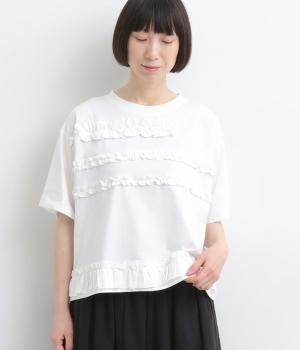 コットン天竺ランダムフリルボーダーTシャツ(オフホワイト-F)