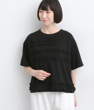 コットン天竺ランダムフリルボーダーTシャツ(ブラック-F)