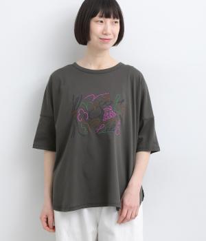 コットン天竺ダンシングフルール刺繍ゆるTシャツ(ダークグレー-F)