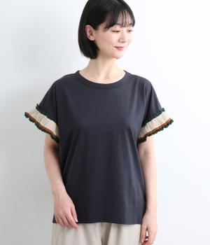 配色ニットフリル袖トップス(ネイビー-F)