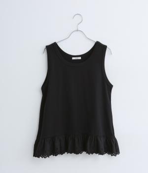 コットン天竺裾スカラップ刺繍タンクトップ(ブラック-F)