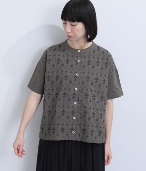 幾何ボーダー刺繍半袖シャツ(ダークグレー-F)