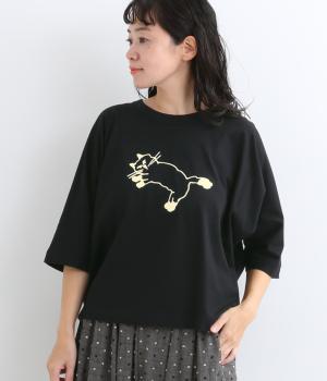 フロッキーねこプリントドルマントップス（ブラック・F）