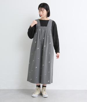フラワー刺繍タックジャンパースカート(ダークグレー-F)
