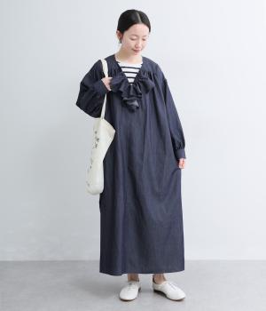 コットンフロントフリルワンピース(インディゴ-F)