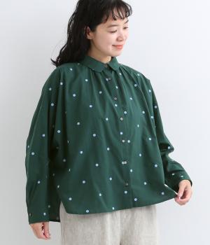 ドット刺繍丸襟ドルマンシャツ（ダークグリーン・F）