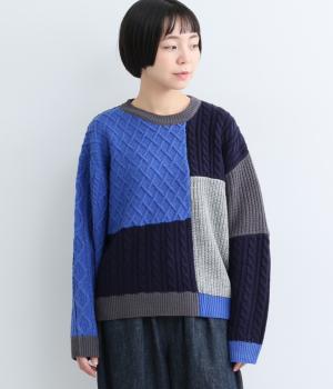 パッチワークニットプルオーバー（ネイビー・F）