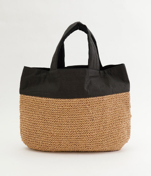 リネンコマ編みバッグ大(ブラック-ONESIZE)