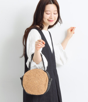 レザーコンビ　ラウンドバッグ(ナチュラル×ブラック-ONESIZE)