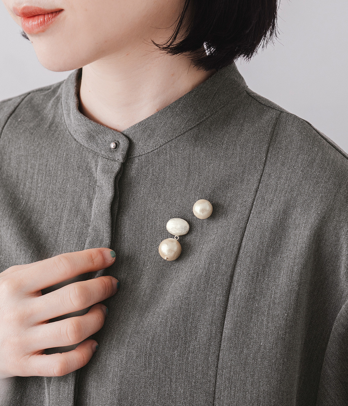 オーバルカボション＆コットンパール　2setブローチ(シルバー-ONESIZE)