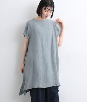 リネンAライン後ろボタンチュニックブラウス(スモークブルー-ONESIZE)