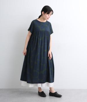 コットンビッグドット後ろボタン切替ギャザーワンピース(ネイビー-ONESIZE)