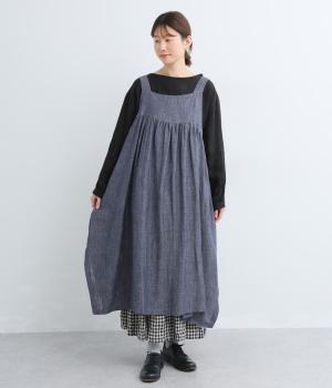 リネン混ギャザー切替ジャンパースカート(ネイビー-F)