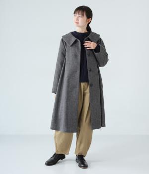 ウール混襟付きフレアコート(グレー×ブラック-F)