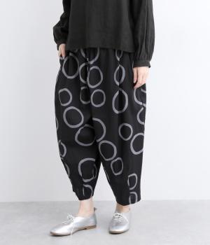 リネンコットンバブル柄裾ダーツパンツ(ブラック-F)