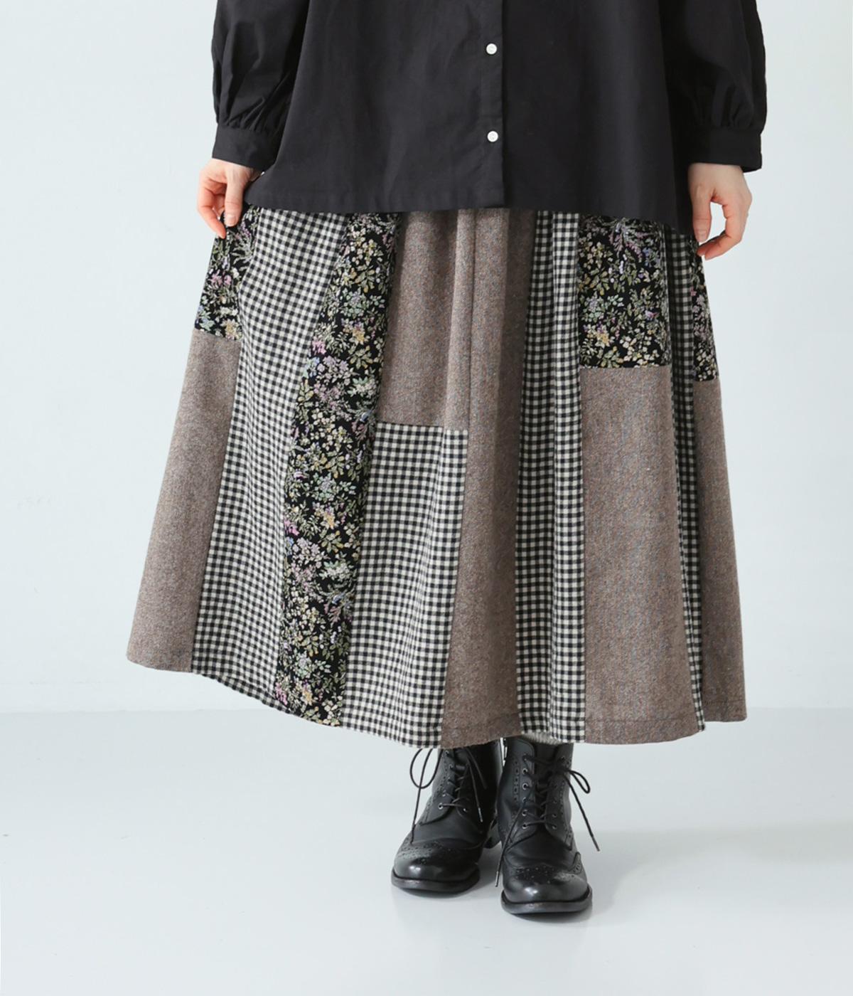 ウール混パッチワークギャザーフレアスカート(ブラウン-F)