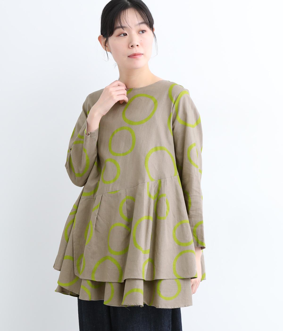 リネンコットンバブル柄後ろボタンティアードブラウス(グレー-F)