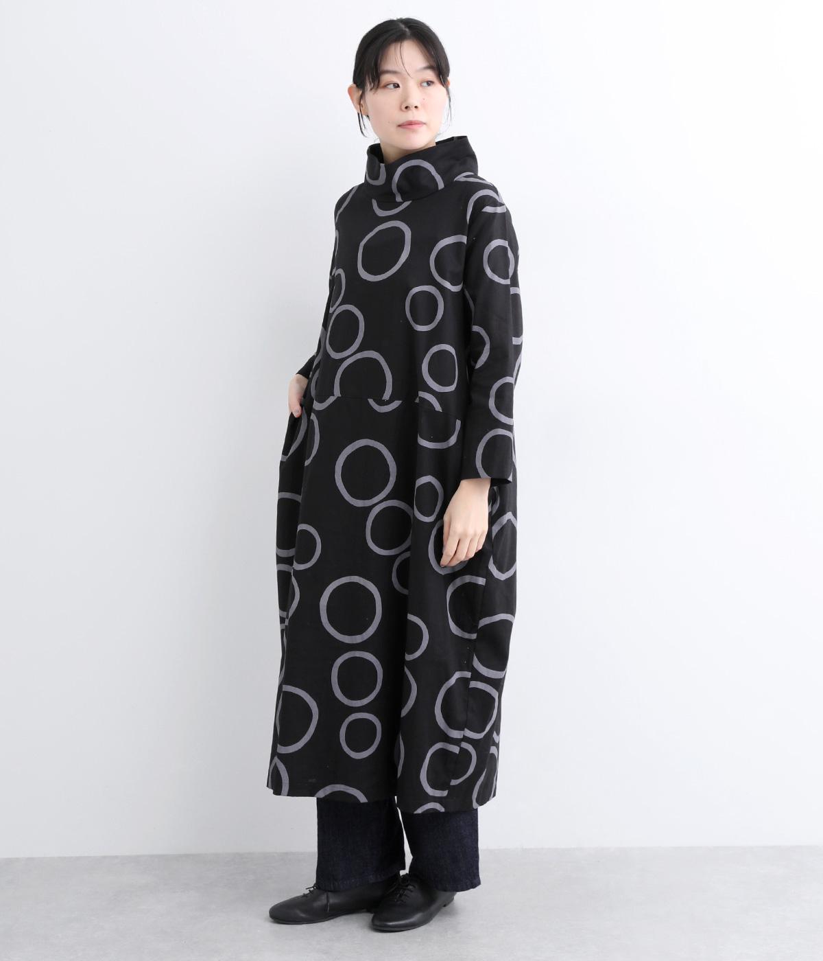 リネンコットンロールカラーコクーンバブル柄ワンピース(ブラック-F)