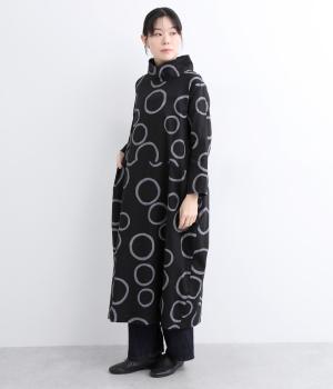 リネンコットンロールカラーコクーンバブル柄ワンピース(ブラック-F)