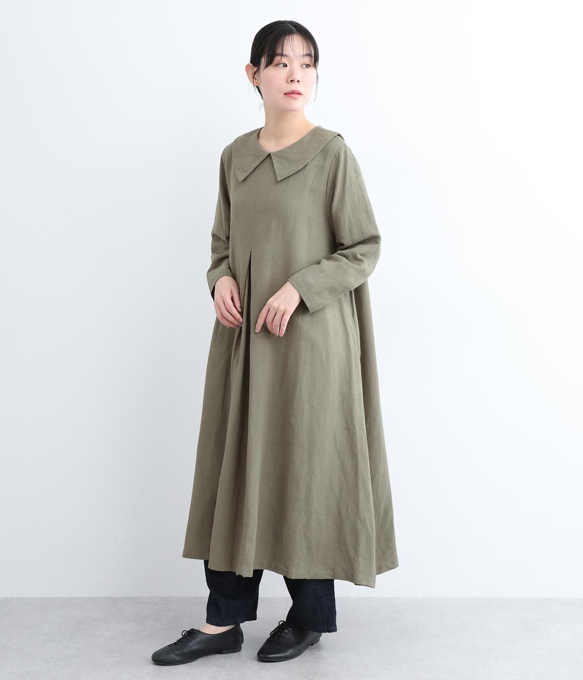 リネンレーヨン大きな襟の前タック後ろボタンフレアワンピース(グレー-F)