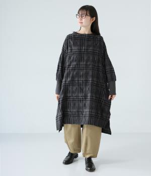 ウールコットンワッシャー袖リブニットチュニックワンピース(グレー-F)