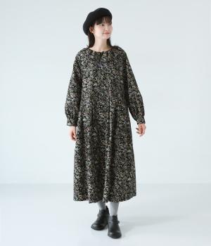 コットン細コール襟フリル切替ギャザーワンピース(ブラック-F)