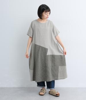 リネンコットン無地×パッチワークワンピース(ライトグレー-F)