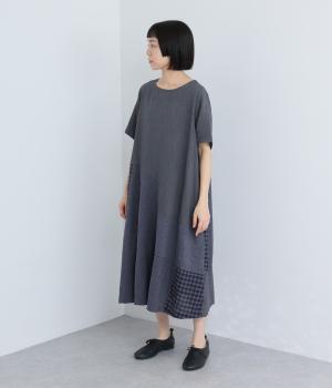 リネンコットン無地×パッチワークワンピース(ネイビー-F)
