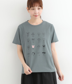 コットン天竺アニマルフェイスプリントＴシャツ(グリーン-ONESIZE)