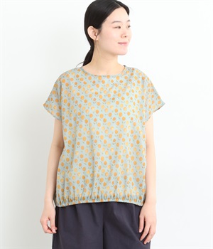 コットンぽんぽんフラワー裾ギャザーブラウス(サックス-ONESIZE)