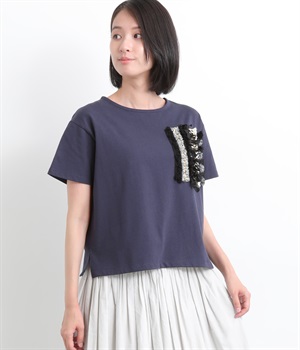 コットン天竺フリンジコラージュプルオーバー(ネイビー-ONESIZE)