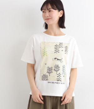 コットン天竺森の中のねこ幅広プルオーバー(オフ-ONESIZE)