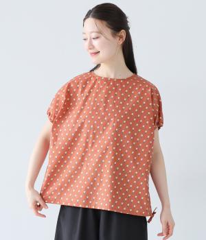コットンフラワー柄裾ドロストブラウス(オレンジ-ONESIZE)