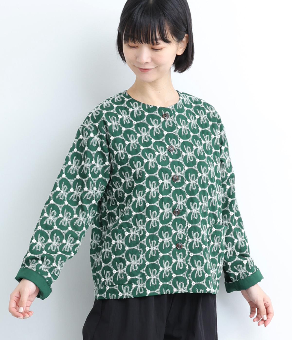 リボン刺しゅうBOXジャケット(グリーン-F)