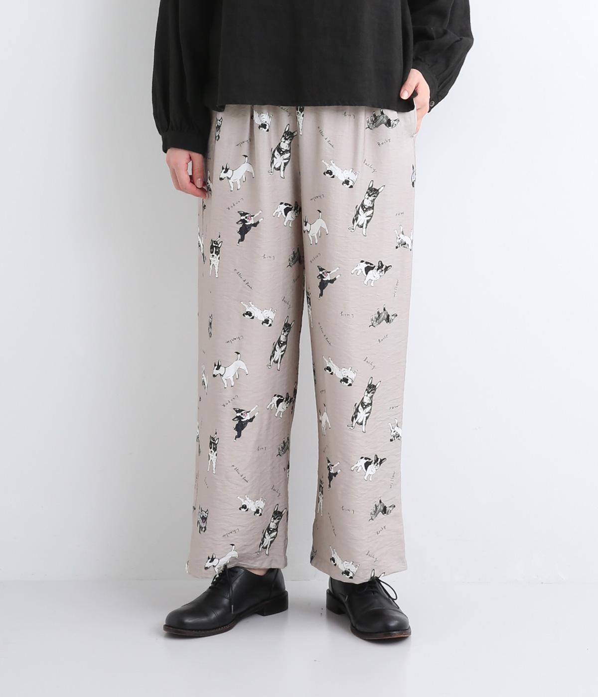 レーヨンナイロンリネンイヌ総柄セミワイドパンツ(ピンクグレー-F)
