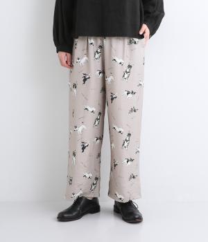 レーヨンナイロンリネンイヌ総柄セミワイドパンツ(ピンクグレー-F)