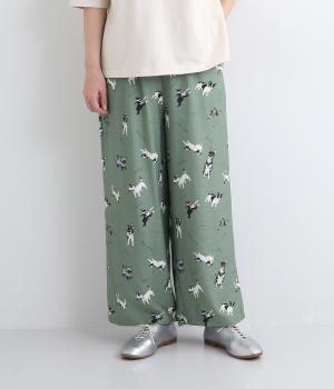 レーヨンナイロンリネンイヌ総柄セミワイドパンツ(カーキ-F)